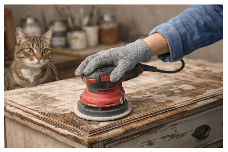 Image to showcase hand-finished care given to vintage looking furniture piece in the refurbishing process, with cat sitting nearby, watching attentively as a gloved hand guides a rotary sander.