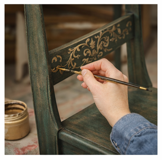 Woman's hand painting a golden swirling design onto the lower bar of the back of a vintage style, sraight-cut wooden chair. Ann example of one kind of furniture refurbishing offered by this business.