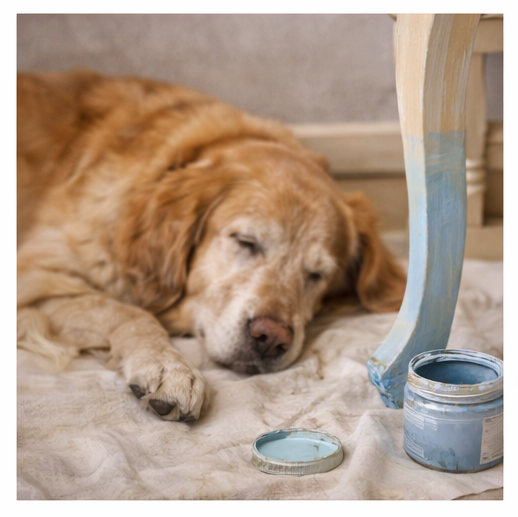 Photo depicting the fact that the whole family gets involved with making a house a home. A sleeping golden retriever dog appears to have been watching whoever was painting the curved leg of the vintage chair in the photo, set on a canvas drop-cloth with an open can of paint.